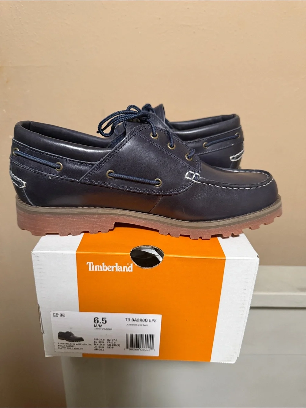 Timberland Navy Leather Lug-Soled Boat Shoes with Brown Outsole